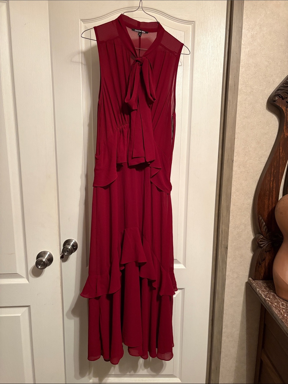 Gianni Bini Burgundy Sleeveless Bow-Neck Ruffle Maxi Dress